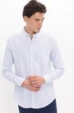 Erkek Slim Fit Dar Kesim %100 Pamuk Düğmeli Yaka Çizgili Uzun Kollu Cepli Keten Efektli Mavi Gömlek