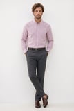Erkek Slim Fit Dar Kesim %100 Pamuk Düğmeli Yaka Çizgili Uzun Kollu Cepli Keten Efektli Bordo Gömlek