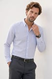 Erkek Slim Fit Dar Kesim %100 Pamuk Düğmeli Yaka Çizgili Uzun Kollu Cepli Keten Efektli Lacivert Gömlek