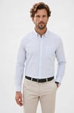 Erkek Slim Fit Dar Kesim %100 Pamuk Düğmeli Yaka Çizgili Uzun Kollu Cepli Keten Efektli Gömlek