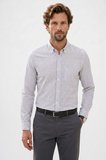 Erkek Slim Fit Dar Kesim %100 Pamuk Düğmeli Yaka Çizgili Uzun Kollu Cepli Keten Efektli Haki Gömlek
