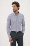 Erkek Slim Fit Dar Kesim %100 Pamuk Düğmeli Yaka Çizgili Uzun Kollu Cepli Keten Lacivert Gömlek