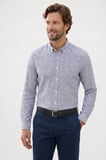 Erkek Slim Fit Dar Kesim %100 Pamuk Düğmeli Yaka Çizgili Uzun Kollu Cepli Keten Lacivert Gömlek
