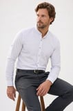 Erkek Slim Fit Dar Kesim Uzun Kollu %100 Pamuk Keten Doku Çizgili Hakim Yaka Gömlek