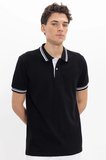 Erkek Slim Fit Dar Kesim %100 Pamuk Düz Pike Yaka ve Kol Detaylı Siyah Polo Yaka Tişört