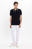 Erkek Slim Fit Dar Kesim %100 Pamuk Düz Pike Yaka ve Kol Detaylı Siyah Polo Yaka Tişört
