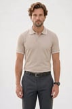 Erkek Regular Fit Klasik Kesim %100 Pamuk Kısa Kollu Çizgi Detaylı Bej Polo Yaka Tişört