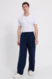 Erkek Baggy Fit Geniş Kesim %100 Pamuk Beli Lastikli Yandan Cepli Müslin Lacivert Düz Pantolon