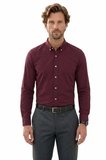 Erkek Slim Fit Dar Kesim %100 Pamuk Düğmeli Yaka Flam Keten Bordo Gömlek