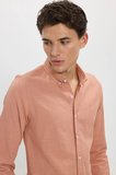 Erkek Slim Fit Dar Kesim %100 Pamuk Düğmeli Yaka Flam Keten Turuncu Gömlek