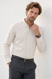 Erkek Slim Fit Dar Kesim %100 Pamuk Düğmeli Yaka Flam Keten Ekru Gömlek
