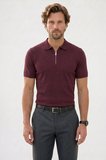 Erkek Slim Fit Dar Kesim Pamuklu Örme Triko Fermuarlı Bordo Polo Yaka Tişört