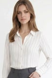 Kadın Slim Fit Dar Kesim Çizgili Viskon Yumuşak Dokulu Uzun Kollu Pensli Ekru Gömlek