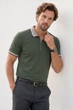 Erkek Slim Fit Dar Kesim %100 Pamuk Kısa Kollu Yarım Fermuarlı Yeşil Polo Yaka Tişört