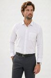 Erkek Relax Fit Rahat Kesim Çizgili Cepli Müslin Kumaş Keten Dokulu Nefes Alan Uzun Kol Beyaz Gömlek