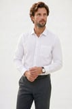 Erkek Relax Fit Rahat Kesim Çizgili Cepli Müslin Kumaş Keten Dokulu Nefes Alan Uzun Kol Beyaz Gömlek