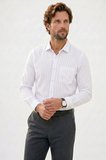 Erkek Relax Fit Rahat Kesim Çizgili Cepli Müslin Kumaş Keten Dokulu Nefes Alan Uzun Kol Beyaz Gömlek