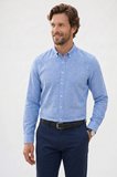 Erkek Slim Fit Dar Kesim Uzun Kollu Keten Premium Seri Düğmeli Yaka Spor Mavi Gömlek