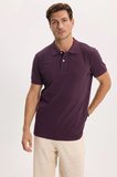 Erkek Slim Fit Dar Kesim %100 Pamuk Kısa Kollu Polo Yaka Mor Tişört