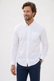 Erkek Slim Fit Dar Kesim Uzun Kollu %100 Pamuk Keten Efektli Düğmeli Yaka Rahat Beyaz Gömlek
