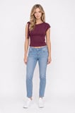 Kadın Slim Fit Dar Kesim Kısa Kollu Kayık Yaka Bordo Bluz
