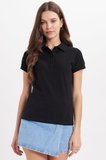 Kadın Slim Fit Dar Kesim %100 Pamuk Polo Yaka Siyah Pike Tişört 