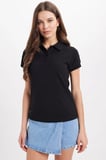 Kadın Slim Fit Dar Kesim %100 Pamuk Polo Yaka Siyah Pike Tişört 