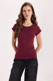 Kadın Slim Fit Dar Kesim Bisiklet Yaka Reglan Kol %100 Pamuk Bordo Tişört Bluz