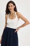 Kadın Slim Fit Dar Kesim Pamuklu Halter Yaka Kaşkorse Ekru Crop