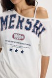 Kadın Oversize Geniş Kesim %100 Pamuk Kayık Yaka Kısa Kollu Baskılı Beyaz Tişört