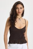 Kadın Slim Fit Dar Kesim %100 Pamuk Askılı  Büzgülü V Yaka Kahverengi Bluz