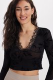 Kadın Slim Fit Dar Kesim V Yaka Uzun Kollu Dantel Detaylı Siyah Bluz