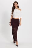 Kadın Slim Fit Dar Kesim Lastikli Yüksek Bel Dantelli Bordo Etek 