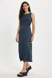 Kadın Slim Fit Dar Kesim Pamuklu Sıfır Kol Bisiklet Yaka İndigo Elbise