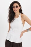 Kadın Slim Fit Dar Kesim  %100 Pamuk Boyundan Bağlamalı Sıfır Kol Ekru Bluz