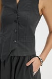 Kadın Slim Fit Dar Kesim %100 Pamuk V Yaka Çift Cepli Antrasit Etek Yelek Takım