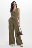 Kadın Slim Fit Dar Kesim %100 Pamuk V Yaka Çift Cepli Haki Yelek Pantolon Takım