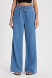 Kadın Relax Fit Rahat Kesim %100 Pamuk Beli Bağcıklı Lastikli Denim Efektli Açık Mavi Palazzo Pantolon