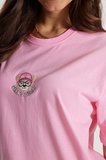 Kadın Oversize Geniş Kesim %100 Pamuk Bisiklet Yaka Kısa Kollu Baskıllı Pembe Tişört 