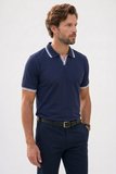 Erkek Slim Fit Dar Kesim %100 Pamuklu Çizgili Detaylı V Yaka Lacivert Polo Yaka Tişört