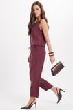 Kadın Standart Fit Normal Kesim Likralı Kolsuz Bisiklet Yaka Bluz Geniş Paça Bordo Pantolon Takım