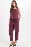 Kadın Standart Fit Normal Kesim Likralı Kolsuz Bisiklet Yaka Bluz Geniş Paça Bordo Pantolon Takım