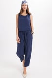 Kadın Standart Fit Normal Kesim Likralı Bisiklet Yaka Bluz Geniş Paça Lacivert Pantolon Takım