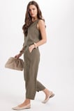 Kadın Standart Fit Normal Kesim Kolsuz Likralı Bisiklet Yaka Bluz Geniş Paça Haki Pantolon Takım