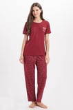 Kadın Standart Fit Normal Kesim Bisiklet Yaka Kısa Kollu Baskılı Bordo Pijama Takımı