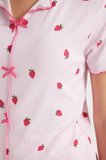 Kadın Standart Fit Normal Kesim Fitilli Görünüm Fiyonk Detaylı Kısa Kol Baskılı Pembe Pijama Takımı