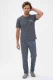 Erkek Standart Fit Normal Kesim Pamuklu Bisiklet Yaka Kısa Kollu Lastikli Gri Pijama Takımı