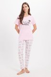 Kadın Regular Fit Klasik Kesim %100 Pamuk Bisiklet Yaka Kısa Kollu Baskılı Pembe Pijama Takımı