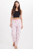 Kadın Regular Fit Klasik Kesim Viskon Beli Lastikli Fiyonk Detaylı Baskılı Pembe Pijama Altı