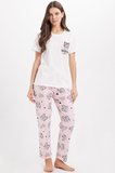 Kadın Regular Fit Klasik Kesim Pamuklu Bisiklet Yaka Kısa Kollu Baskılı Beyaz Pijama Takımı